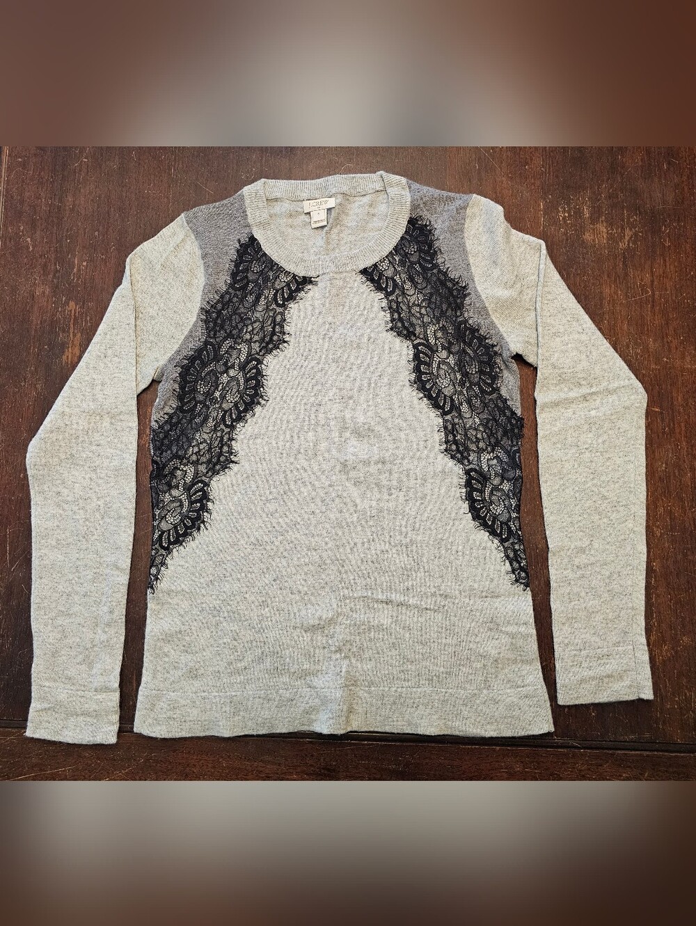 J. Crew Women's Wool Blend Gray Sweater with Black Lace Detail - Size Small